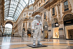 Axiom Prada space suit on display in Milan, Italy. The Axiom Extravehicular Mobility Unit, AxEMU, the spacesuit designed in photo