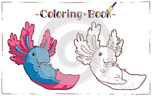 Axolotl, a Coloring Book Page. Cartoon outline picture of playful baby axolotl with colored example