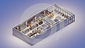 Axonometric 3d rendering interior design of a food hall