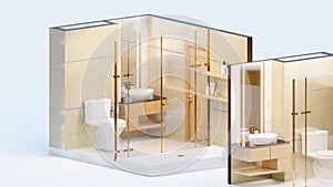 Axonometric toilet interiors with wash area and bath facility