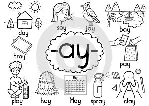 Ay digraph spelling rule black and white educational poster for kids