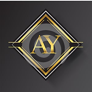 AY Letter logo in a square shape gold and silver colored geometric ornaments. Vector design template elements for your business or