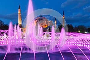 Aya Sofia Mosque with fountain at sunset