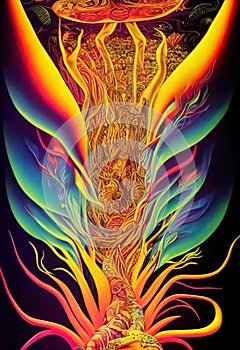 Ayahuasca experience, holistic healing, spiritual insight psychedelic vision surreal illustration