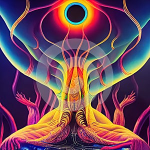 Ayahuasca experience, holistic healing, spiritual insight psychedelic vision surreal illustration