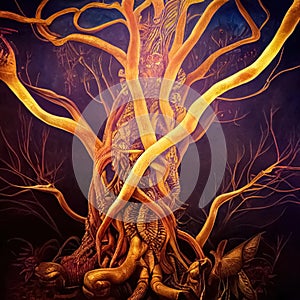 Ayahuasca experience, holistic healing, spiritual insight psychedelic vision surreal illustration