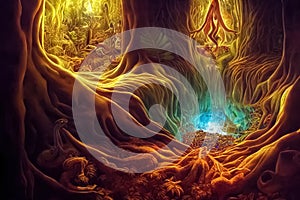 Ayahuasca experience, holistic healing, spiritual insight psychedelic vision surreal illustration