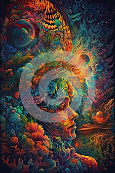 Ayahuasca experience, spiritual psychedelic hallucinations surreal illustration. Generative AI