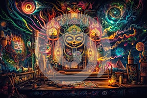 Ayahuasca experience, spiritual psychedelic hallucinations surreal illustration. Generative AI