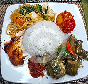 Ayam Bakar, Terong Balado, Telur Balado, Mie Goreng and Sambal, Indonesian Warung Food