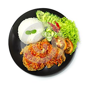 Ayam Geprek Indonesian Food crispy fried chicken with hot and spicy sambal Chili Sauce