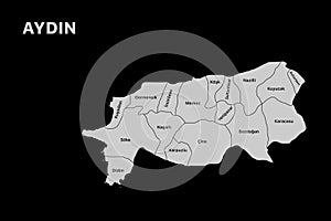 Aydin district map, isolated city map in turkey