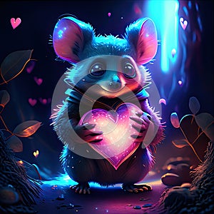 Ettaro abbracciato cuore Carino poco topo con il cuore il suo mani.  tridimensionale illustrazioni. generato l'animale 