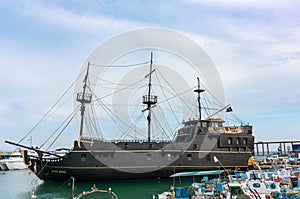 AYIA NAPA, CYPRUS - June 02, 2018: Pirate ship Black Pearl in the port of Ayia Napa, Cyprus. A copy of the ship from the movie