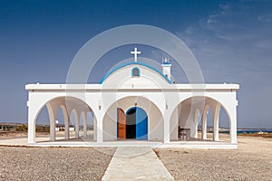 Ayia Thekla Saint Thecla orthodox church near of Ayia Napa and Cavo Greco, Cyprus island, Mediterranean Sea. Bright sunny day