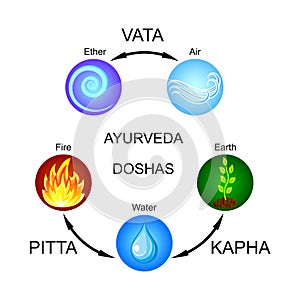 Ayurveda doshas: Vata, Pitta, Kapha.