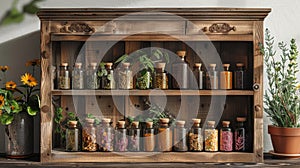 ayurveda medicine cabinet with herbs and oils, promoting holistic healing, with space for text traditional approach to