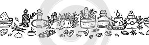 Ayurveda Seamless border illustration with ayurvedic items oil, tincture, massage stones and herbal bags, mortar