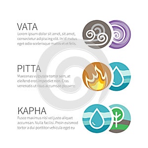 Ayurveda vector elements and doshas with text isolated on white photo