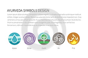 Ayurvedic elements water, fire, air, earth and ether icons isolated on white