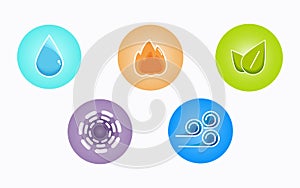 Ayurvedic elements water, fire, air, earth and ether icons isolated on white background. Colorful icons, five elements