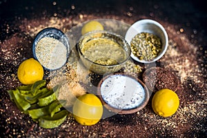 Ayurvedic face pack or ubtan of moong dal or green lentil or mung dal with lemon,dried orange peel powder,chandan powder or sandal