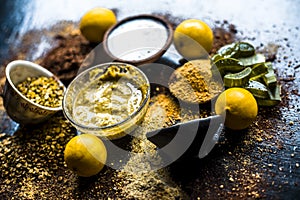 Ayurvedic face pack or ubtan of moong dal or green lentil or mung dal with lemon,dried orange peel powder,chandan powder or sandal