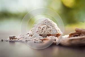 Ayurvedic herb Satavari with its powder on wooden surface.