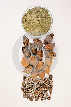 Ayurvedic herb, triphala amla baheda harada on white background
