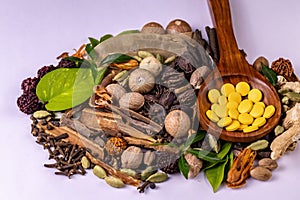 Ayurvedic medicine concept. Ayurvedic drugs in wooden spoon, assorted spices and green leaves on white background