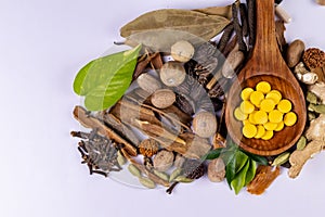 Ayurvedic medicine concept. Ayurvedic pills in wooden spoon and spices on white background