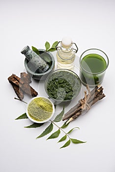 Ayurvedic neem products like paste, powder, oil, juice, tooth care