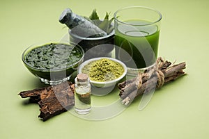 Ayurvedic neem products like paste, powder, oil, juice, tooth care