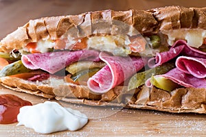 Ayvalik Toast / Salami Sandwich with Russian Salad and pickle copy space