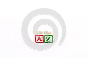 AZ wooden blocks on white isolated background with copy space