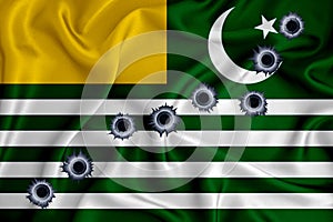 Azad kashmir flag Close-up shot on waving background texture with bullet holes. The concept of design solutions. 3d rendering