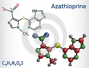 Azathioprine, AZA molecule. It is immunosuppressive agent, medication. Structural chemical formula and molecule model