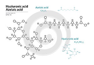 Azelaic and Hyaluronic acid. HA Hyaluronan. Structural Chemical Formula and Line Model of Molecule. Vector