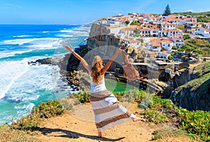 Azenhas do Mar, happy woman tourist in Sintra