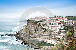 Azenhas do Mar white village landmark on the cliff and Atlantic ocean, Sintra, Lisbon, Portugal, Europe