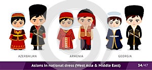 Azerbaijan, Armenia, Georgia. Men and women in national dress. Set of asian people wearing ethnic traditional costume.