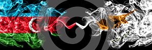 Azerbaijan, Azerbaijani vs Cyprus, Cyprian smoky mystic flags placed side by side. Thick colored silky abstract smoke flags