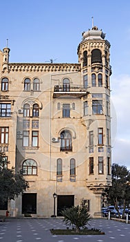 Azerbaijan, Baku- April 15, 2017; beautiful, high-rise, elegant buildings standing on a high mountain. R eflection of the city a n