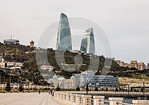 Azerbaijan, Baku- April 15, 2017; beautiful, high-rise, elegant buildings standing on a high mountain. R eflection of the city a n