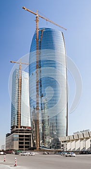 Azerbaijan, Baku- April 15, 2017; beautiful, high-rise, elegant buildings standing on a high mountain. R eflection of the city a n