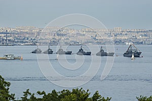 Azerbaijan Baku Caspian Boulevard and Flotilla Preparation. for a Salute old legendary restaurant Sadko