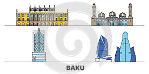 Azerbaijan, Baku flat landmarks vector illustration. Azerbaijan, Baku line city with famous travel sights, skyline