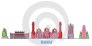 Azerbaijan, Baku line cityscape, flat vector. Travel city landmark, oultine illustration, line world icons