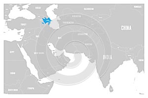 Azerbaijan blue marked in political map of South Asia and Middle East. Simple flat vector map