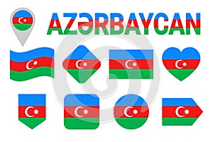 Azerbaijan flag icon set. Flat isolated symbols. Vector Azerbaijani flags set with state name in national language. traditional co